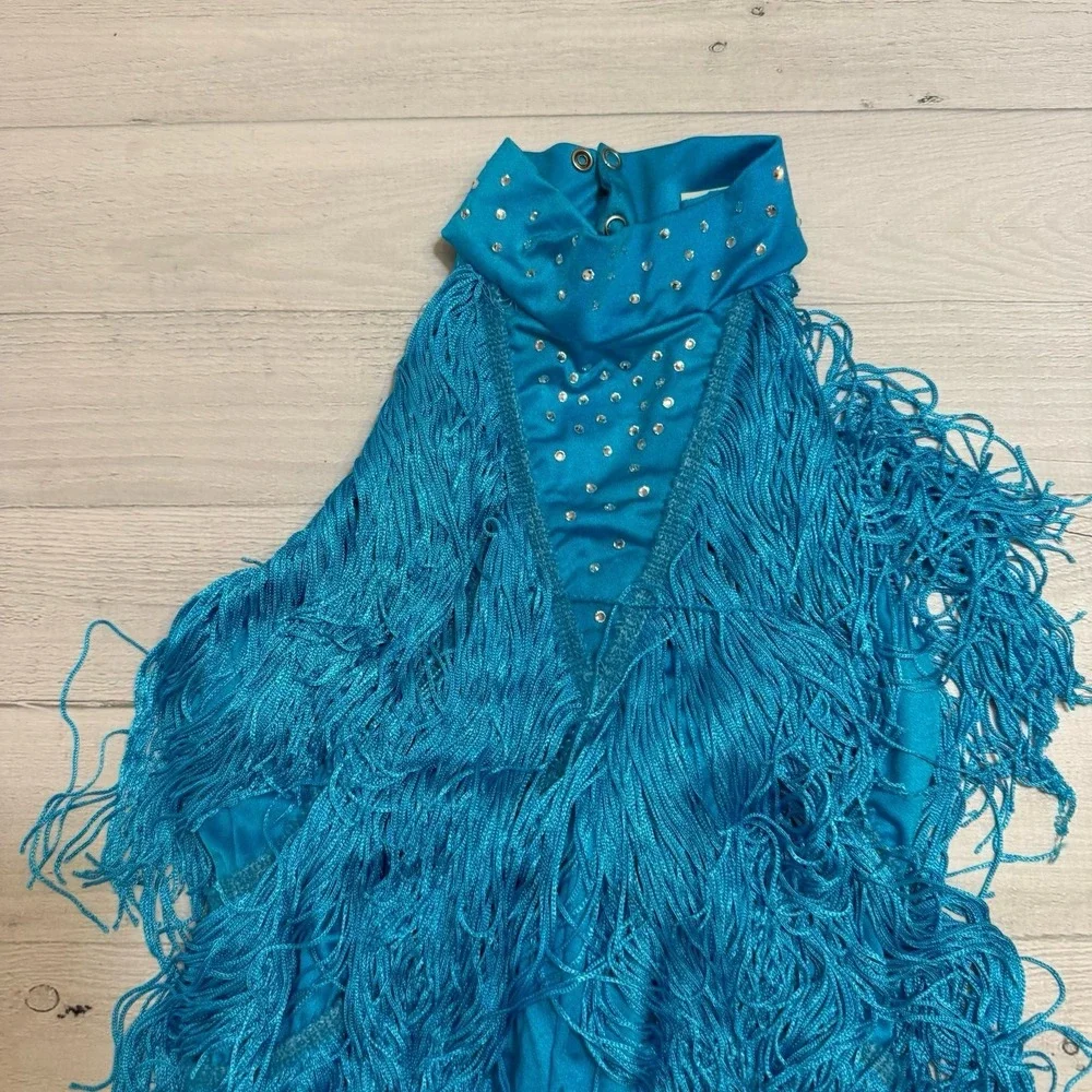 Weissman Dance costume aqua blue sassy fringe dress Spice‎ Up Your Life 14130 MC